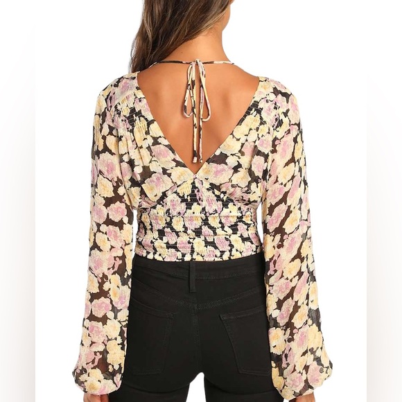 Lulus Romantic Impression Black Floral Smocked Tie Back Cropped Top - M - Picture 3 of 15